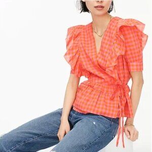 J. Crew Orange & Pink Ruffle Wrap Top in Gingham - Size S